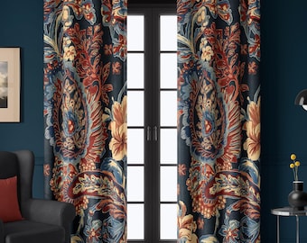 Dark Blue Indian Floral Curtains with Traditional Red Paisley Design – Bohemian Living Room Panel, Valance Option, Custom Drapes