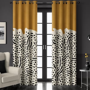 Abstract Yellow Brush Pattern Curtains, Modern Artistic Window Drapes for Living Room – Contemporary Drape, Custom Size Option