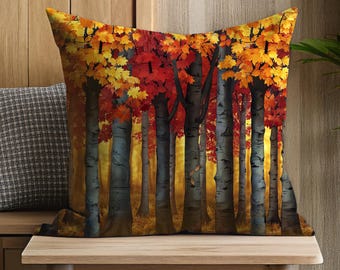 Autumn Forest Throw Pillow Cover, Colorful Maple Leaves Cushion for Fall Home Decor, Cozy Sofa Pillowcase, Custom Size Available