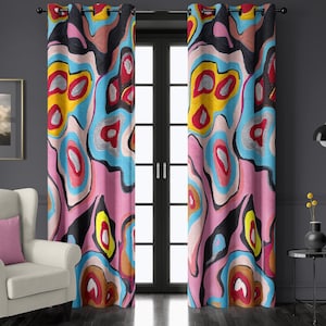 Colorful Abstract Curtains, Pink and Yellow Boho Drapes for Living Room – Blackout Window Treatment, Grommet Top, Custom Length