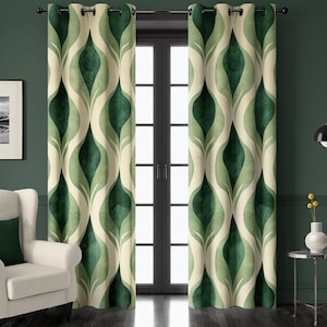 Green Retro Abstract Pattern Curtains for Living Room or Bedroom – Mid Century Modern Drape, Custom Window Treatment
