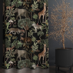 May include: Black curtain with a jungle-themed pattern featuring elephants, giraffes, zebras, and other animals amidst lush green foliage. The design includes a variety of trees and plants, creating a vibrant and detailed scene. A black planter with a decorative tree is on the right.