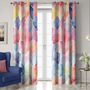 Colorful Watercolor Geometric Curtains, Modern Abstract Drapes in Rainbow Pastel Tones – Decorative Window Panel, Custom Size Option