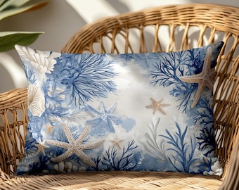 Nautical Coastal Lumbar Pillow Covers, Starfish and Coral Rectangular Cushions for Beach House Decor – Blue and Beige Tropical Ocean Pillows