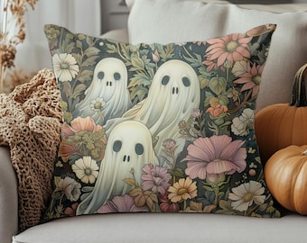 Ghost and Flower Pillow Cover for Halloween Decor, Vintage Floral Cushion with Spooky Ghosts – Gothic Throw Pillow, Fall Accent, Custom Size