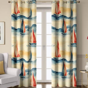 May include: Watercolor-style curtain panels featuring a repeating pattern of sailboats. The sailboats have red and blue sails, set against a backdrop of blue waves and a yellow and beige sky. The curtains are hung on a gold rod.