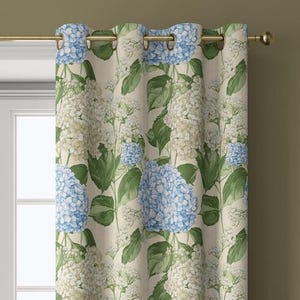 Blue Hydrangea Floral Curtains – Cottage Style Botanical Drapes, Window Panels for Living Room or Bedroom Decor, Floral Window Curtains