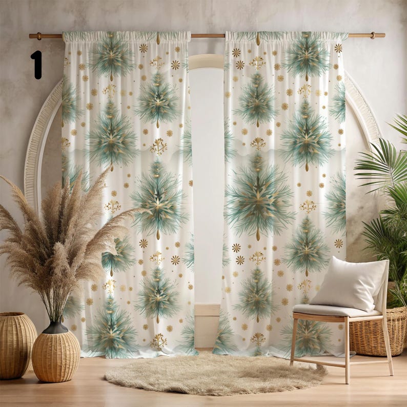 May include: A pair of sheer, ivory-colored curtains with a teal and gold Christmas tree pattern. The curtains have a subtle sheen and are hung on a rod.  The pattern includes stylized snowflakes and small gold accents. The curtains are shown in a room with a neutral-toned rug and a light wood chair. The number '1' is visible in the top left corner.