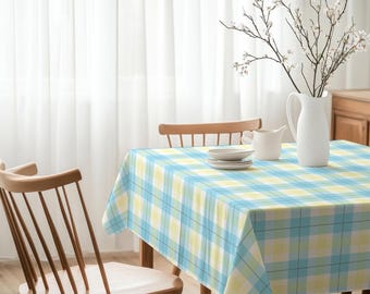 Blue and Yellow Gingham Tablecloth – Summer Picnic Style Plaid Table Cover, Country & Coastal Dining Decor, Custom Size Available