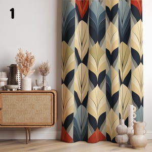 May include: A curtain with a geometric pattern of overlapping leaves in shades of blue, yellow, and red. The leaves are arranged in a repeating pattern, creating a modern and stylish look.