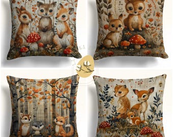 Forest Animal Pillow Covers, Autumn Woodland Throw Pillows with Fox and Deer – Boho Kids Room Decor, Custom Cushion Set