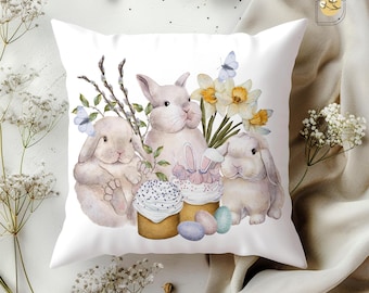 Watercolor Easter Bunny Pillow, Floral Easter Pillows with Bunnies and Flowers, Cute Easter Decor for Spring, Easter Basket with Eggs Pillow
