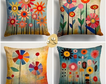 Retro Floral Pillowcase, Mid Century Modern Flower Cushion, Colorful Boho Throw Pillow for Artistic, Eclectic or Vintage-Inspired Home Decor