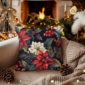 Festive Christmas Throw Pillow Cover, Poinsettia & Berry Design, Holiday Home Décor Gift, Farmhouse Cushion Cover for Cozy Winter Spaces