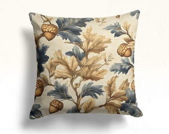 Beige and Blue Oak Leaf Pillow Cover with Acorn Pattern, Rustic Farmhouse Throw Cushion for Living Room Sofa – Custom Size, autumn pattern