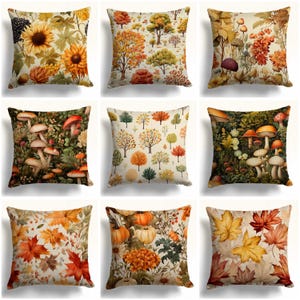 May include: Nine different throw pillow covers with autumnal designs. The designs include mushrooms, pumpkins, leaves, and trees. The pillow covers are all made of a soft, comfortable fabric.