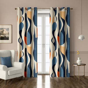 May include: Two floor-length curtains featuring a repeating abstract pattern of vertical wavy shapes in shades of navy blue, light blue, orange, and cream. The curtains are hung on a metal rod with silver grommets at the top for easy sliding.