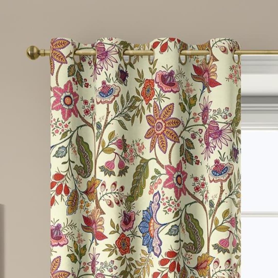 Cream Chintz Floral Curtains, Vintage...