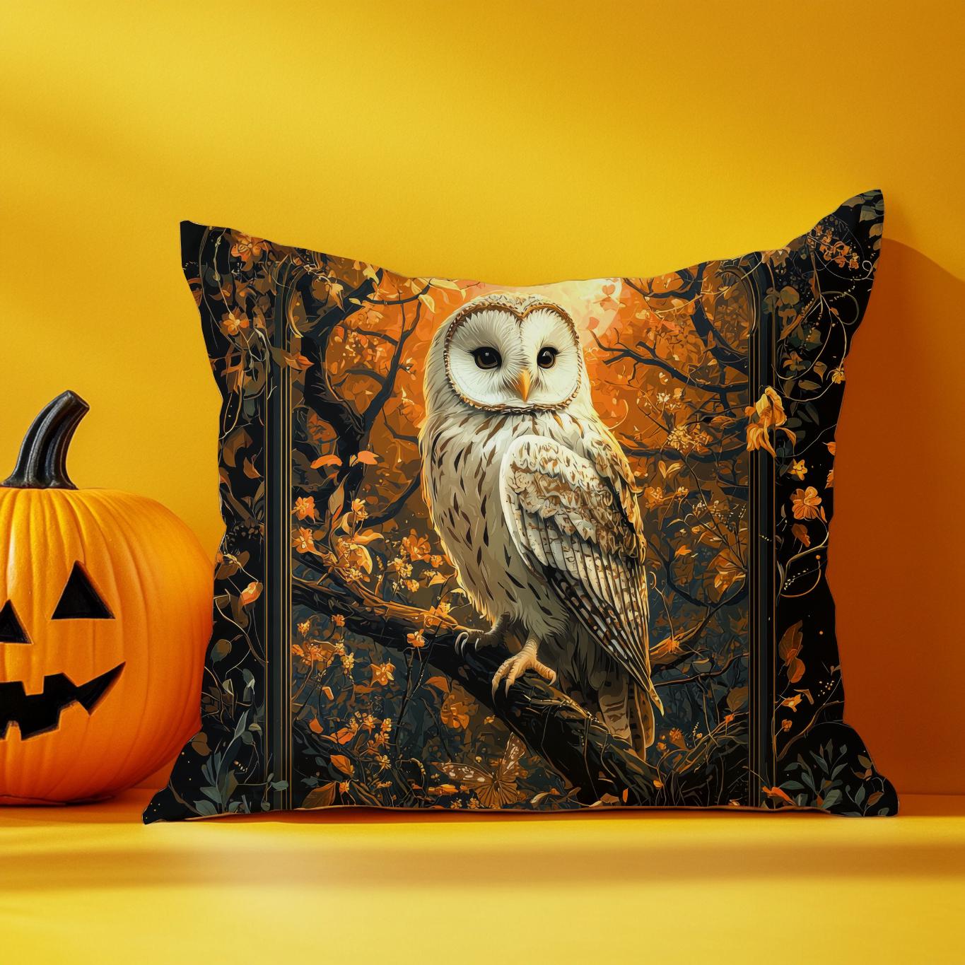 Halloween Owl Pillow Cover, Autumn Leaves Cushion with Pumpkin &ndash; Gothic Animal Print Throw Pil