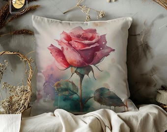 Watercolor Rose Pillow Cover, Romantic Floral Cushion, Vintage Style Throw Pillow, Elegant Pink Flower Decor for Bedroom or Sofa