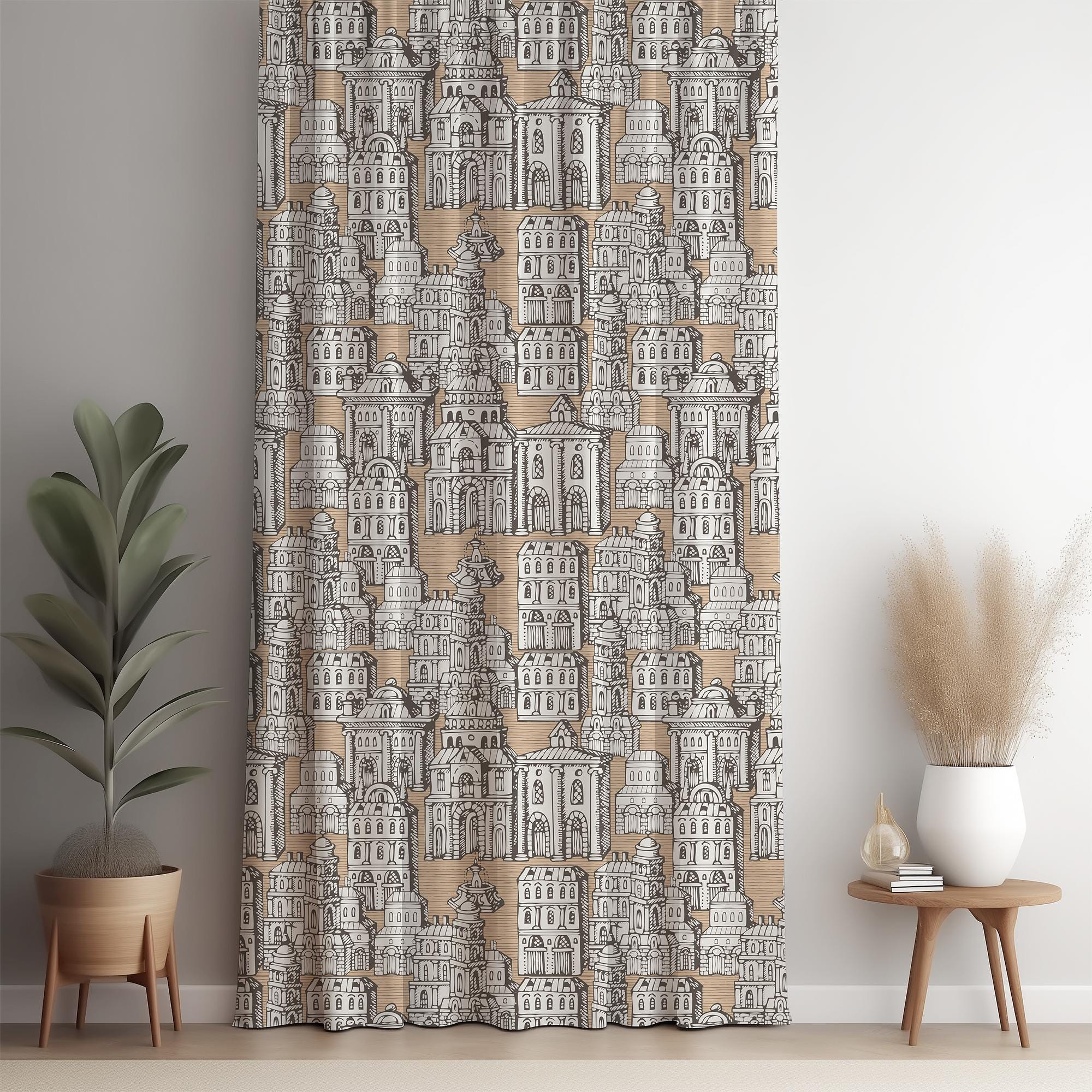 Beige Architectural Curtains, Black and White Building Print Drapes ...