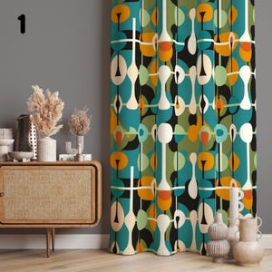 May include: A teal, green, orange, and white geometric patterned curtain with a modern abstract design.