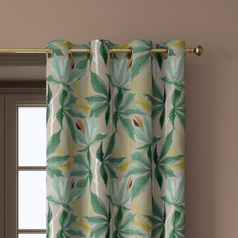 Green Leaf Pattern Curtains, Contemporary Botanical Style Drapes for ...