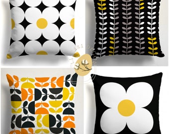 Retro Daisy Floral Pillow Covers, Mid Century Modern Cushion, Scandinavian Style Throw Pillow, Minimalist Black and Yellow Decor Accent