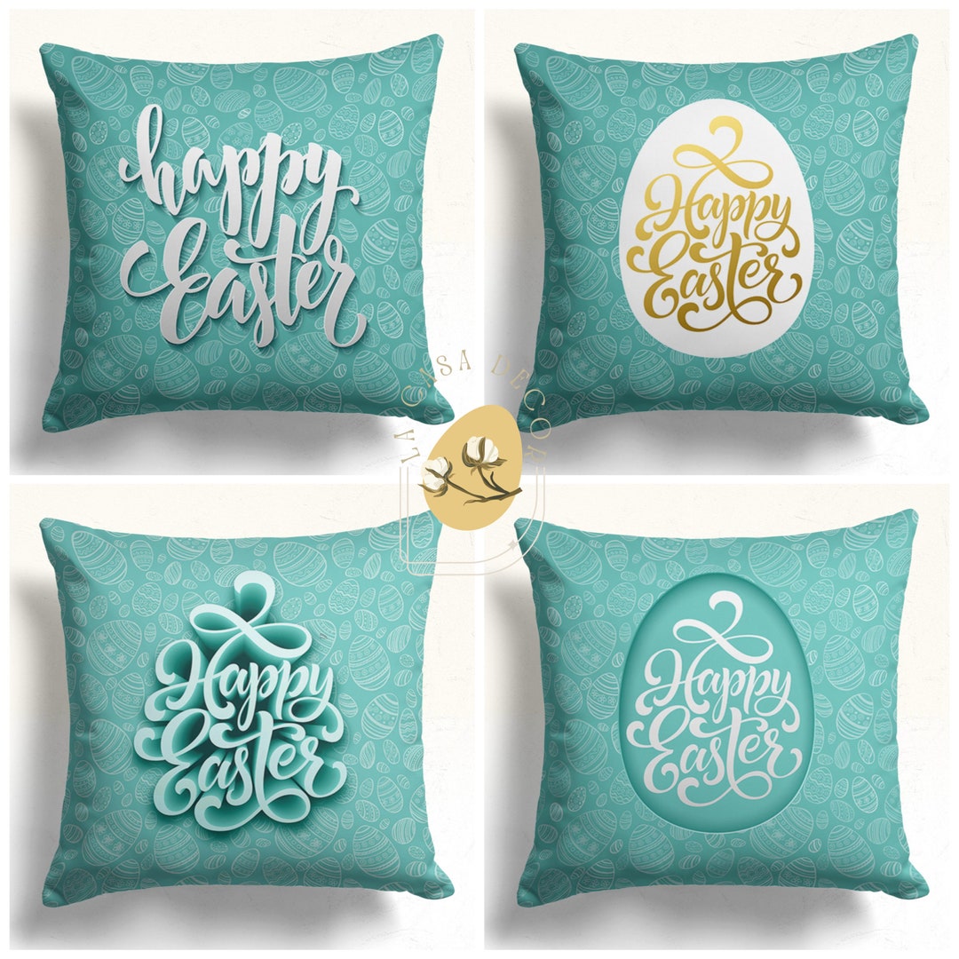 Egg Pattern Cushion Case, Blue and Gold Easter Day Pillow Top, Easter Cushion Cover, Happy