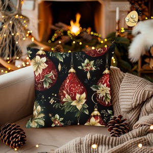 Christmas Red Ornaments and White Poinsettia Pillow Cover, Holiday Cushion Featuring Vintage Floral Design – Elegant Winter Farmhouse Decor