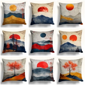 Abstract Landscape Pillow, Minimalist Mountain Cushion, Sunset Decorative Throw Pillow, Modern Scenic Pillow Cover for Home Decor