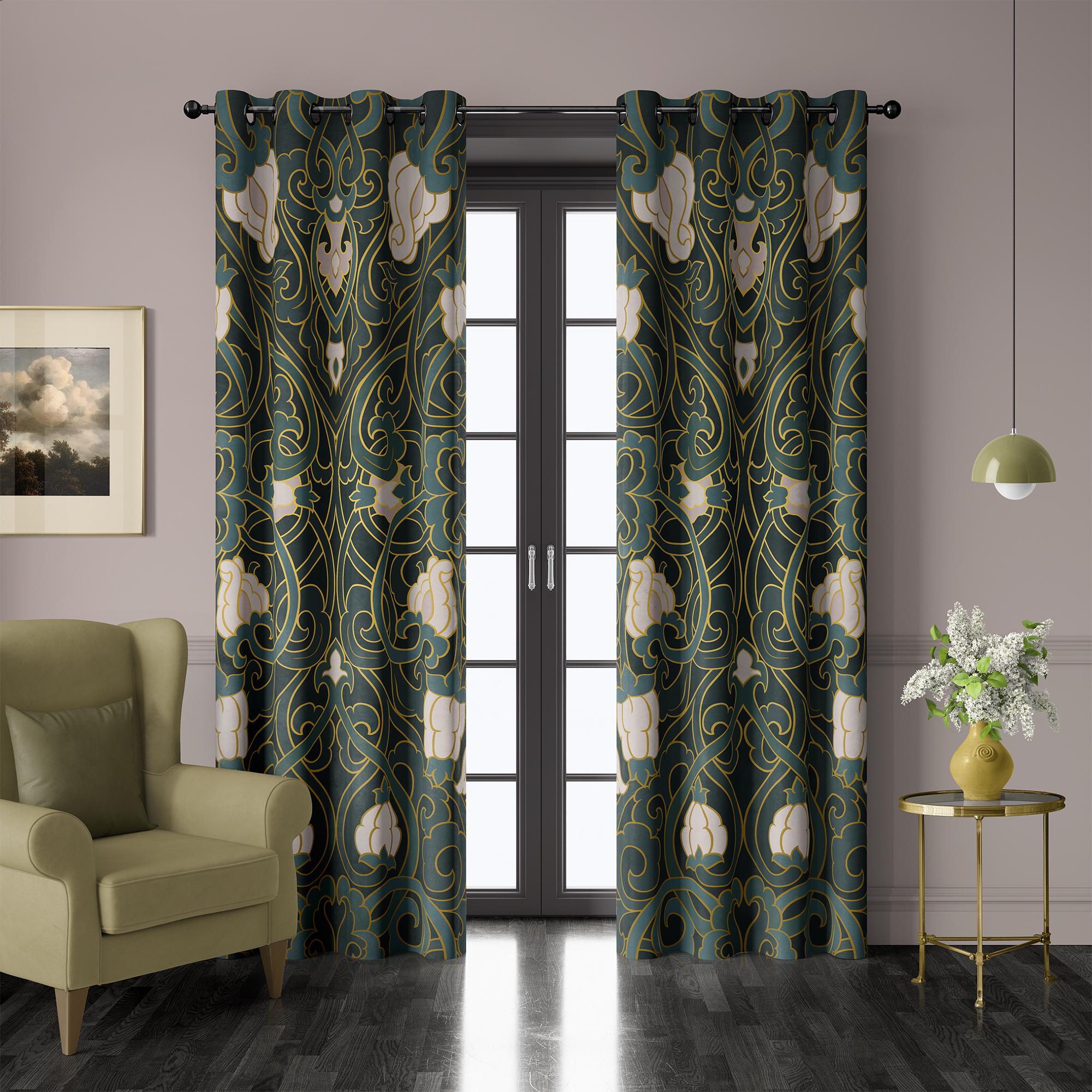 Dark Green Art Nouveau Curtains With Gold Floral Motifs – Vintage Style