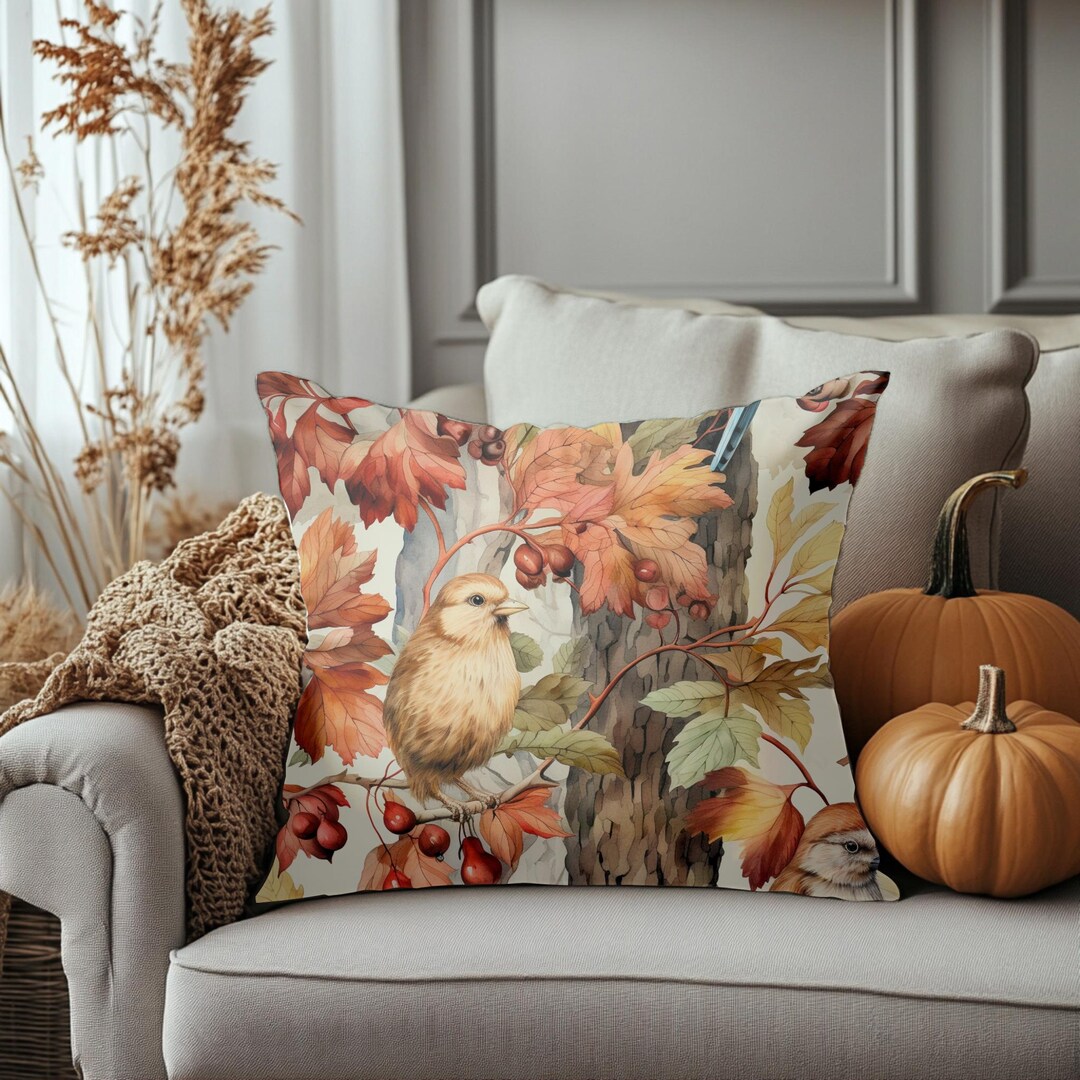 Rustic Fall Pillows Autumn Bird Pillow Cover, Rustic Fall Leaves Cushion With Woodland ...