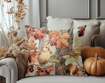 Autumn Bird Pillow Cover, Rustic Fall Leaves Cushion with Woodland Charm – Farmhouse Throw Pillow, Custom Country Decor