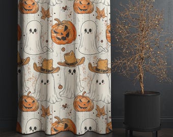 Beige Halloween Curtains with Cute Ghosts and Pumpkin Pattern, Whimsical Holiday Drapes – Playful Window Panel, 96 and 108 Inch Custom Size