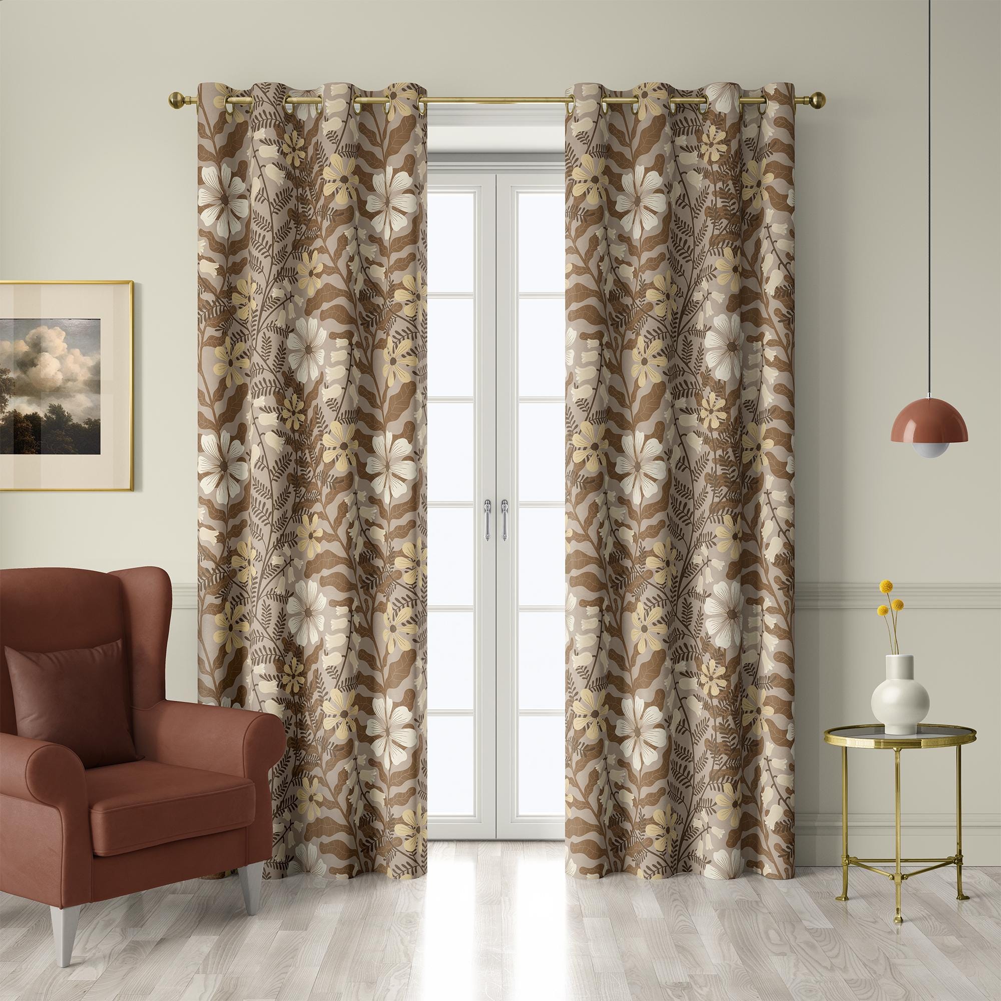 Beige and Brown Floral Curtains, Vintage Botanical Drapes for Living