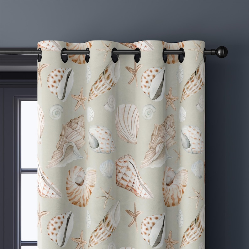 Beige Coastal Seashell Curtains, Neutral Beach House Window Drapes With ...