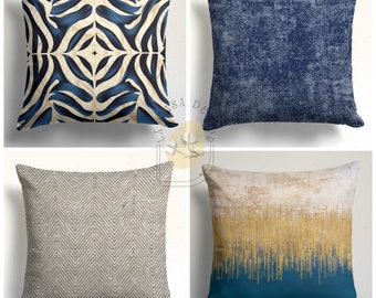Modern Abstract Pillow Covers, Blue and Gold Accent Cushion, Minimalist Geometric Throw Pillow, Elegant Textured Home Decor