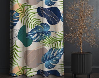 Blue Green and Beige Botanical Pattern Curtains – Tropical Leaf Drapes for Living Room, Contemporary Window Panel, Custom Size