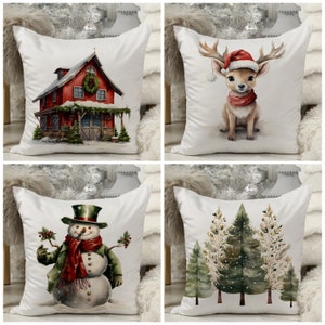 Winter Wonderland Pillow Cover, Snowman in Snowy Yard Cushion Case, Xmas Cozy Home Decor, Pine Tree Pillowcase, Cute Santa Deer Pillow Cover