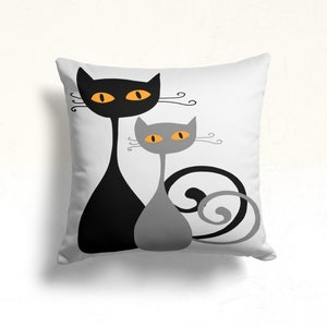 Modern Cat Pillow Cover with Black and Grey Felines – Cute Cartoon Throw Pillow for Cat Lovers, Minimalist Animal Cushion Decor