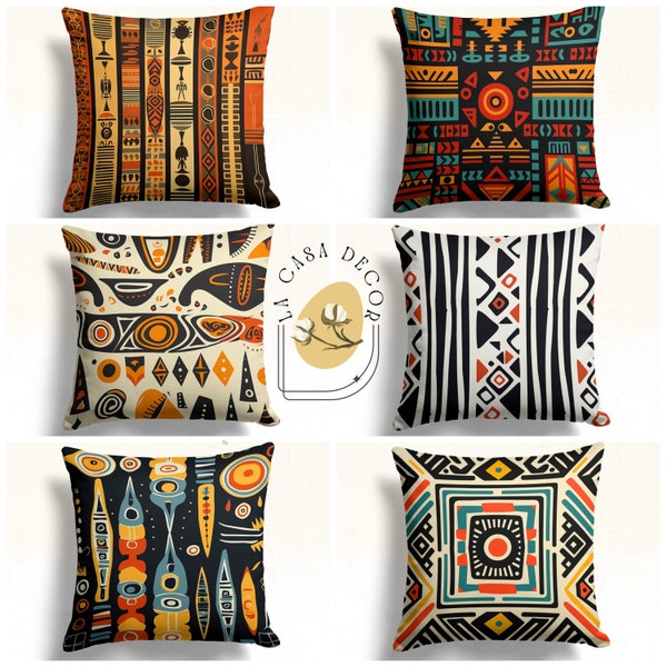 Bohemian Native Style Cushion Cover, African Style Ethnic Pillow Case, Boho Feather Pattern Pillow Cover, Blue Orange Custom Pillow Case