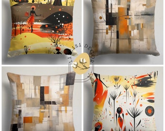 May include: Four decorative throw pillows with abstract art designs. The pillows feature a variety of patterns, including geometric shapes and stylized figures in warm tones of orange, yellow, and brown. The pillows are square and appear to be made of a soft fabric.