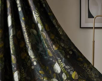 Dark Botanical Curtains with Green and Gold Leaves, Vintage Style Nature Drapes – Blackout Option, Custom Window Treatment