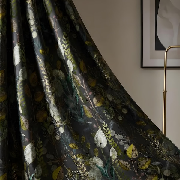 Dark Botanical Curtains with Green and Gold Leaves, Vintage Style Nature Drapes – Blackout Option, Custom Window Treatment