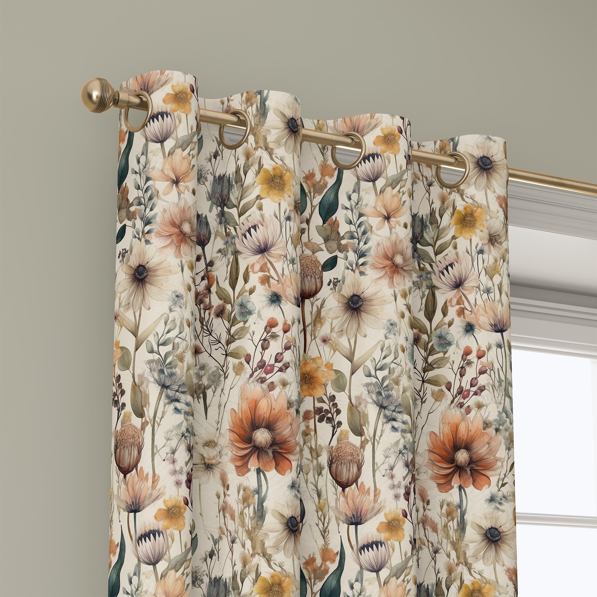 Cream Vintage Floral Curtains With Botanical Wildflowers, Victorian