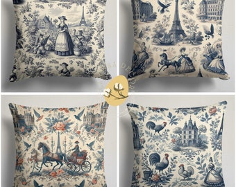 Blue and White Toile Pillow Cover, Traditional Classic French Toile de Jouy Motif Design Cushion Case, Blue and White Porcelain Pillow Cover