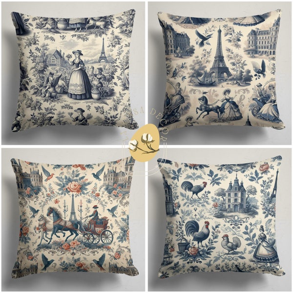 Blue and White Toile Pillow Cover, Traditional Classic French Toile de Jouy Motif Design Cushion Case, Blue and White Porcelain Pillow Cover