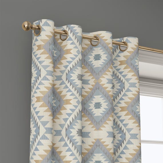 Beige and Blue Geometric Curtains, Southwestern Diamond Pattern Drapes – Custom Size Blackout Curtain, Boho Living Room Decor