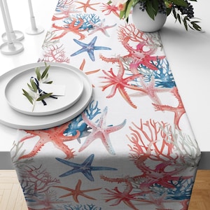 Coastal Starfish Table Runner – Coral and Ocean Blue Watercolor Design, Summer Beach House or Nautical Table Decor, Custom Size